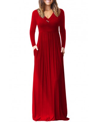 Red V Neck Pocket Style Long Jersey Dress