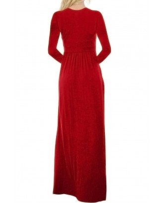 Red V Neck Pocket Style Long Jersey Dress