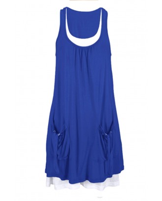 Royal Blue Lace-Up Pockets Sleeveless Shirt Dress