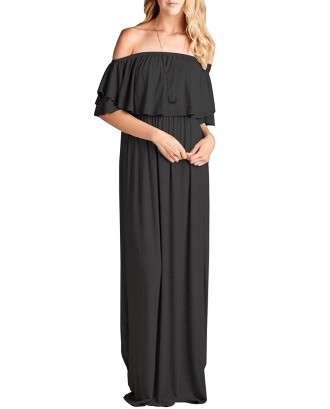 Black Off Shoulder Ruffle Maxi Casual Dress