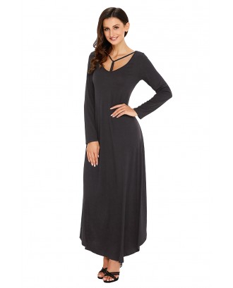 Black Y Strap Neckline Relaxed Long Jersey Dress