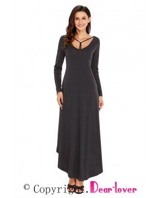 Black Y Strap Neckline Relaxed Long Jersey Dress