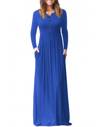 Royal Blue Long Sleeve Button Down Casual Maxi Dress