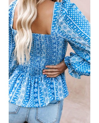 Sky Blue Bohemian Print Shirred Bodice Tunic Top