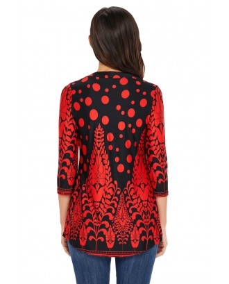 Red Floral Notch Neck Pin-tuck Tunic