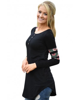 Black Floral Print Splice Sleeve Pullover Tunic