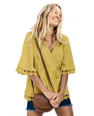 Yellow Lace Trim Elbow Sleeve Jersey Tunic Top