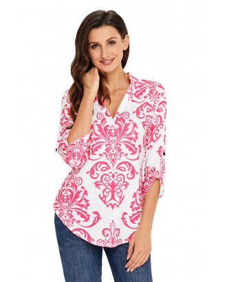 Pink Damask Print Slight Collar V Neck Tunic