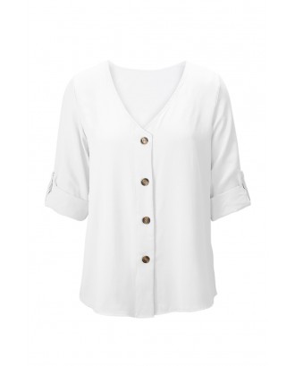 White Button Detail Roll up Sleeve Blouse