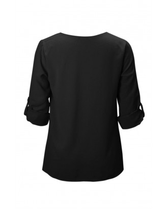 Black Button Detail Roll up Sleeve Blouse