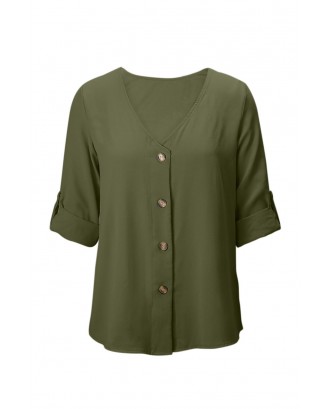 Green Button Detail Roll up Sleeve Blouse
