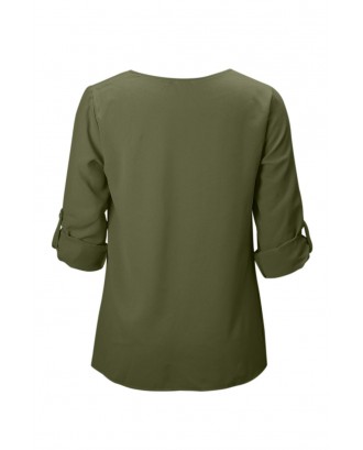 Green Button Detail Roll up Sleeve Blouse