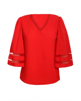 Red Flare Sleeve V Neck Loose Blouse