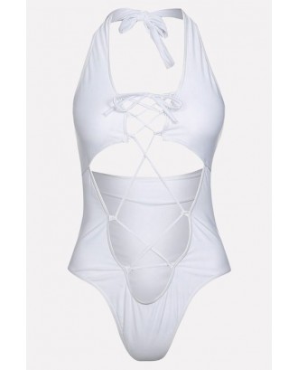 White Lace Up Halter High Cut Sexy Monokini Swimsuit