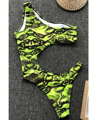 Green Snakeskin Cutout One Shoulder High Cut Sexy Monokini Swimsuit