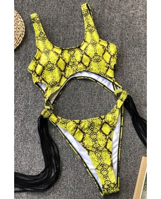 Yellow Snakeskin Cutout Fringe Padded High Cut Sexy Monokini Swimsuit