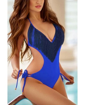 Blue Fringe Plunging Tie Sides Thong Sexy One Piece Swimsuit