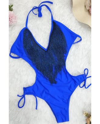 Blue Fringe Plunging Tie Sides Thong Sexy One Piece Swimsuit