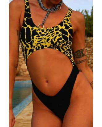 Yellow Leopard Cutout U Neck Padded Thong Sexy Monokini