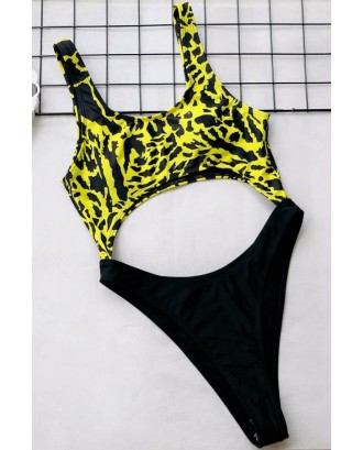 Yellow Leopard Cutout U Neck Padded Thong Sexy Monokini