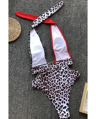 Leopard Splicing Cutout Buckle Halter High Cut Sexy Monokini Swimsuit