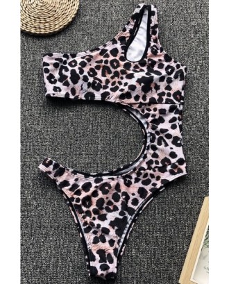 Leopard Cutout One Shoulder Padded High Cut Sexy Monokini Swimsuit