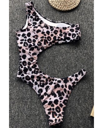 Leopard Cutout One Shoulder Padded High Cut Sexy Monokini Swimsuit