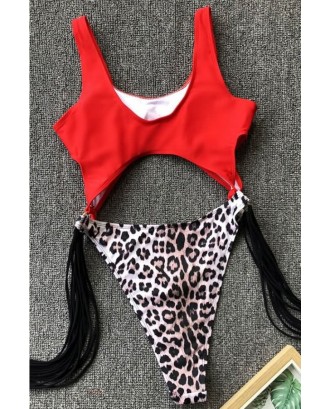 Leopard Cutout Fringe Padded High Cut Sexy Monokini Swimsuit