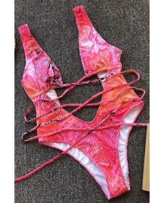 Red Snakeskin Strappy Plunging Padded High Cut Sexy Monokini