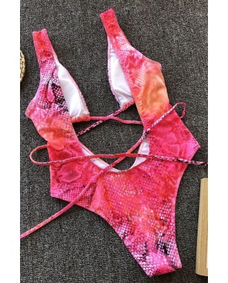 Red Snakeskin Strappy Plunging Padded High Cut Sexy Monokini
