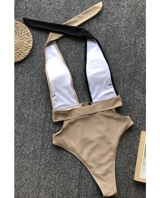 Black Two Tone Cutout Buckle Halter High Cut Sexy Monokini Swimsuit