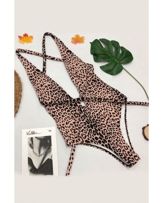 Leopard Crisscross Plunging High Cut Thong Sexy Monokini Swimsuit