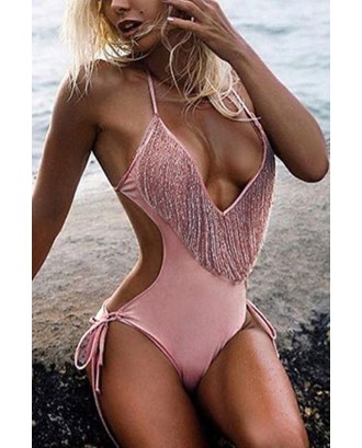 Pink Fringe Plunging Tie Sides Thong Sexy One Piece Swimsuit