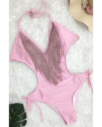 Pink Fringe Plunging Tie Sides Thong Sexy One Piece Swimsuit