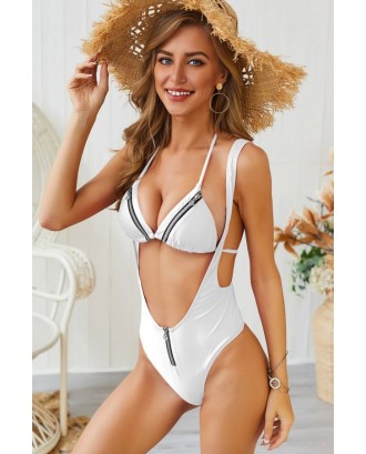 White Zipper Halter Triangle Thong Sexy Bikini Swimsuit