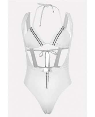 White Zipper Halter Triangle Thong Sexy Bikini Swimsuit