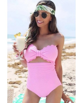 Pink Scallop Strapless Padded Sexy One Piece Swimsuit