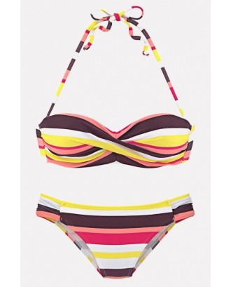 Yellow Stripe Print Halter Spaghetti Straps Sexy Bikini