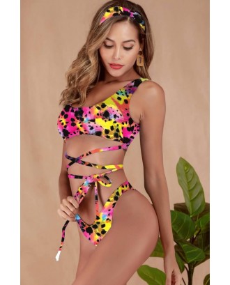 Hot-pink Leopard Lace Up Padded High Cut Sexy Bikini