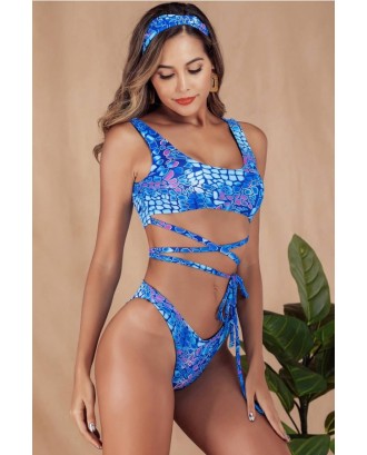Blue Scale Print Lace Up Padded High Cut Sexy Bikini