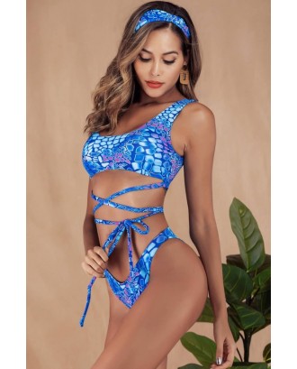 Blue Scale Print Lace Up Padded High Cut Sexy Bikini