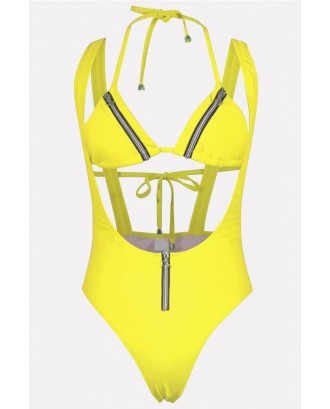 Yellow Zipper Halter Triangle Thong Sexy Bikini Swimsuit