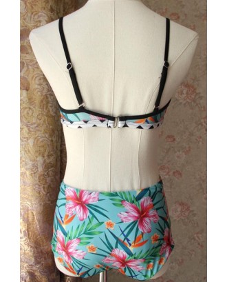 Green Floral Print Stripe Detail Bikini Swimsuit