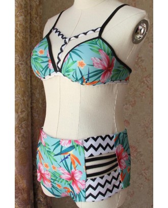 Green Floral Print Stripe Detail Bikini Swimsuit