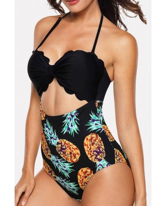 Black Pineapple Print Halter Cutout Sexy One Piece Swimsuit