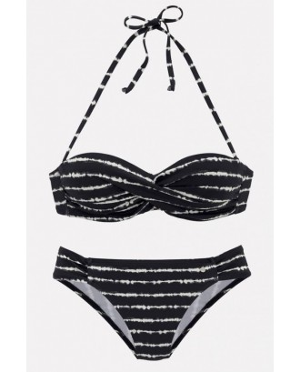 Black Stripe Print Halter Spaghetti Straps Sexy Bikini