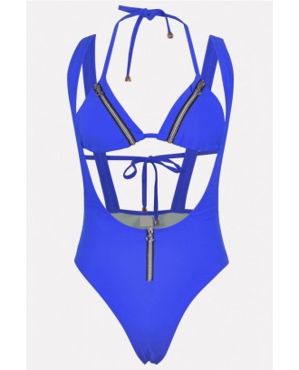 Blue Zipper Halter Triangle Thong Sexy Bikini Swimsuit