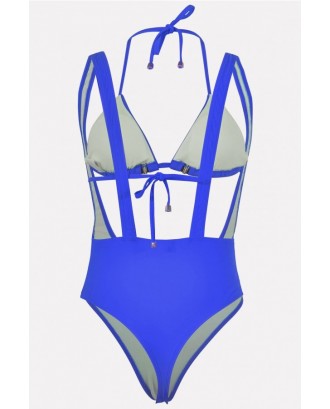 Blue Zipper Halter Triangle Thong Sexy Bikini Swimsuit