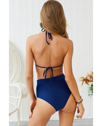 Dark-blue Halter Rhinestone Mesh Splicing Triangle Sexy Bikini