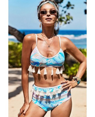 Light-blue Tropical Print Hollow Out Tassels Splicing Sexy Bikini